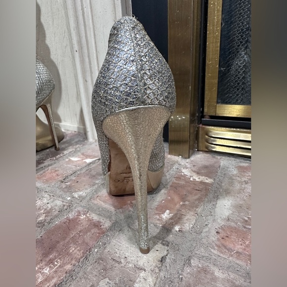 Jimmy Choo Glitter Platform Heels Size 38 EU /8 US Gold Silver Sparkle Stilettos - Picture 5 of 16